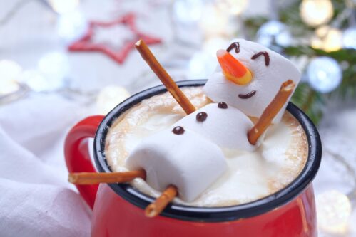 Red,Mug,With,Hot,Chocolate,With,Melted,Marshmallow,Snowman Festive fun